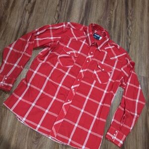 Vintage Wrangler Pearl Snap Red and White Plaid Men's Shirt Size XL TALL